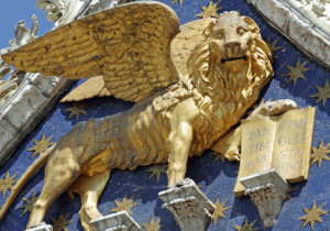 Winged venetian lion -detail of the facade of basilica San Marco